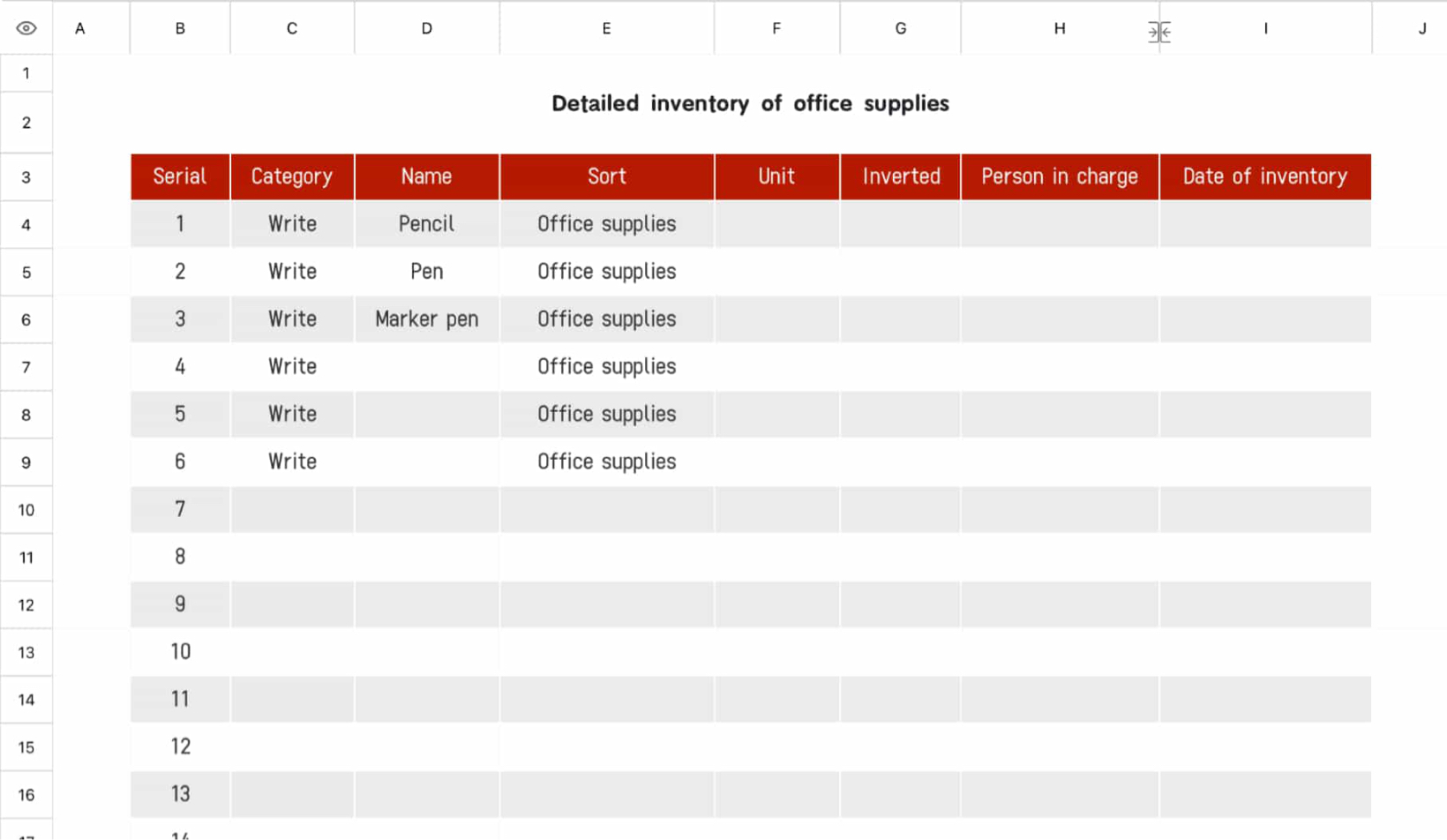 Detailed table of inventory of office supplies